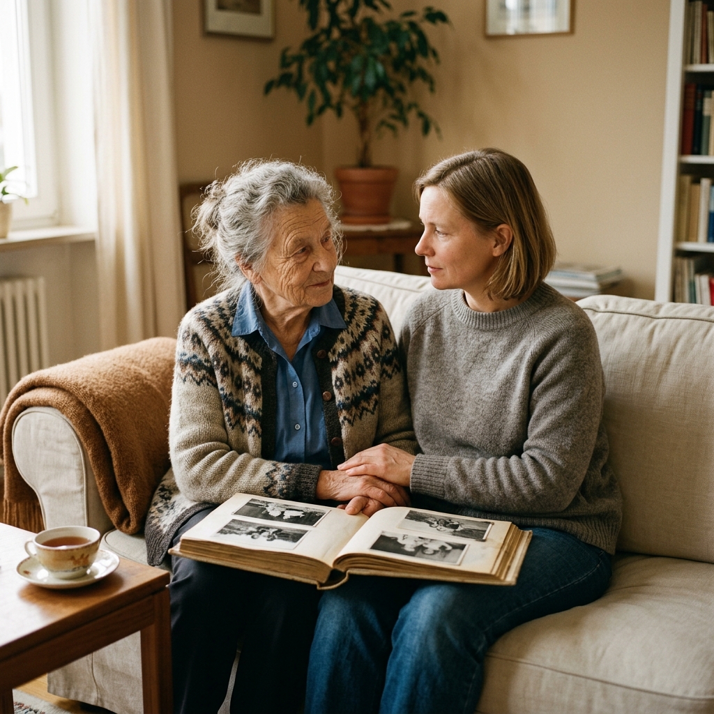 Beratung pflegender Angehöriger — vertrauter Moment zwischen Tochter und Mutter
